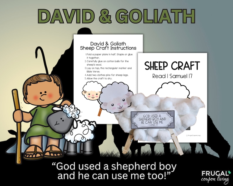 May include: A craft activity for kids featuring a paper plate sheep craft with cotton balls for wool. The craft is based on the biblical story of David and Goliath. The text reads "God used a shepherd boy and he can use me too!" and "Sheep Craft Read I Samuel 17".