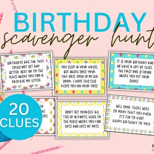 Búsqueda del tesoro de cumpleaños para niños imprimible / 20 acertijos con rimas Tarjetas de pistas de búsqueda del tesoro de cumpleaños / Juegos de fiesta Descarga digital PDF