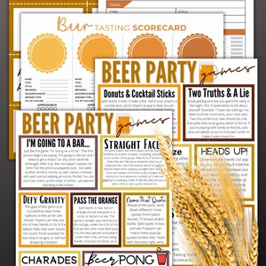 May include: A collection of printable beer party games, including scorecards, tasting notes, and game instructions. The design features a brown and white color scheme with wheat stalks.