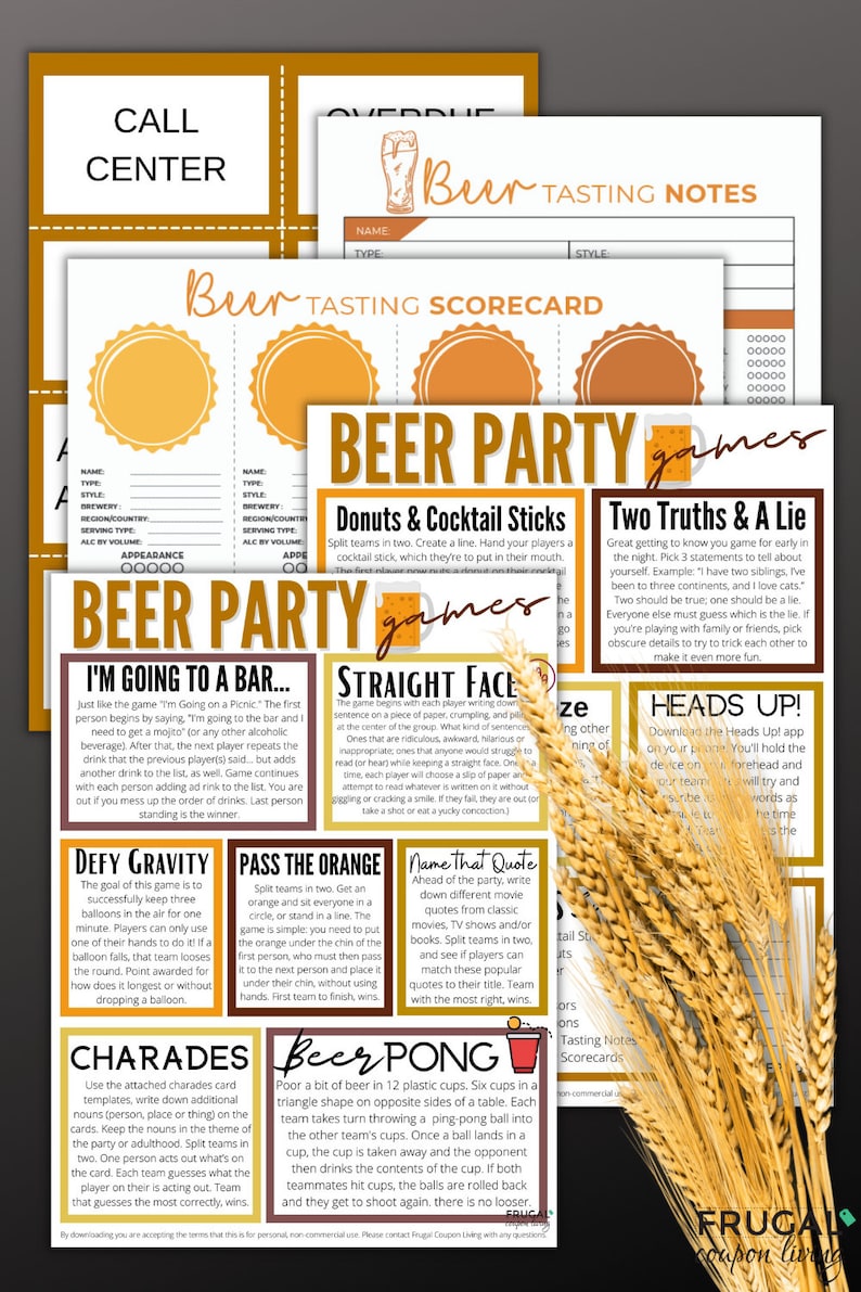 May include: A collection of printable beer party games, including scorecards, tasting notes, and game instructions. The design features a brown and white color scheme with wheat stalks.