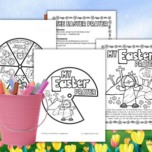 May include: Black and white printable coloring pages for kids featuring an Easter prayer wheel, a prayer with a picture of Jesus, and a prayer with a picture of Jesus rising from the tomb. The text on the pages includes the words "My Easter Prayer" and "He is Risen".