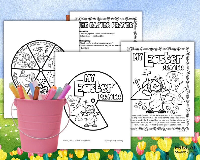 May include: Black and white printable coloring pages for kids featuring an Easter prayer wheel, a prayer with a picture of Jesus, and a prayer with a picture of Jesus rising from the tomb. The text on the pages includes the words "My Easter Prayer" and "He is Risen".