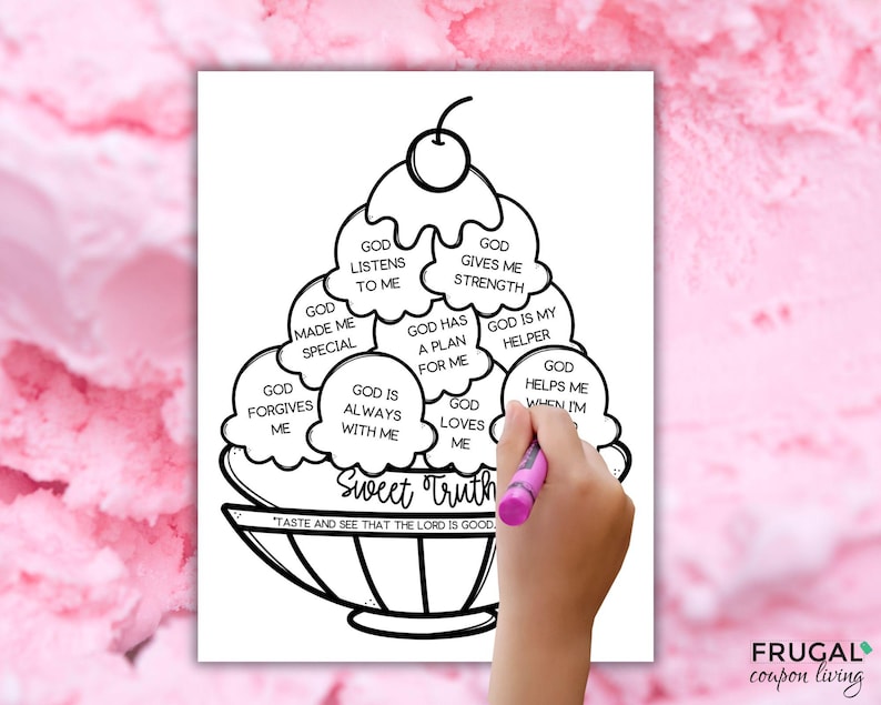 Puede incluir: Una p&aacute;gina para colorear en blanco y negro con un gran helado en un cuenco. Cada bola contiene texto, incluyendo God Listens To Me, God Gives Me Strength, God Made Me Special, God Has A Plan For Me, God Is My Helper, God Forgives Me, God Is Always With Me, God Loves Me y God Helps Me When I'm Sad.