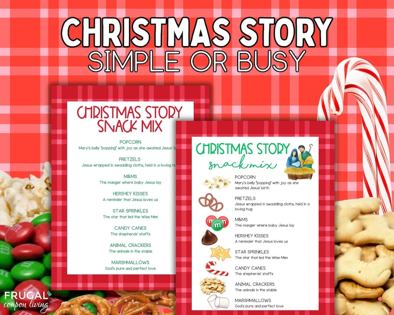 May include: Two printable Christmas Story snack mix cards featuring a red plaid background. The cards list ingredients like popcorn, pretzels, M&Ms, Hershey Kisses, star sprinkles, candy canes, animal crackers, and marshmallows with religious meanings.