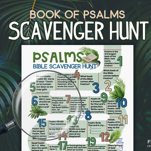 Bible Scavenger Hunt - Book of Psalms Summary Trivia Game | Psalms Bible Treasure Hunt Printable | Sunday School Game | Bible Study Lesson