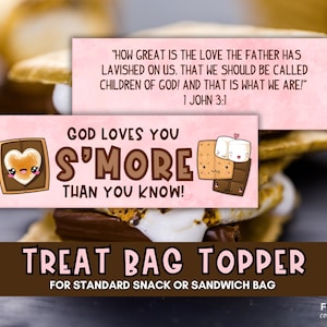 Christian Geschenkanhänger S'mores Bag Topper Printable | Christlicher Taschendeckel, S'mores Leckerlibeutel, Sonntagsschule druckbar, Kirche druckbar für Kinder