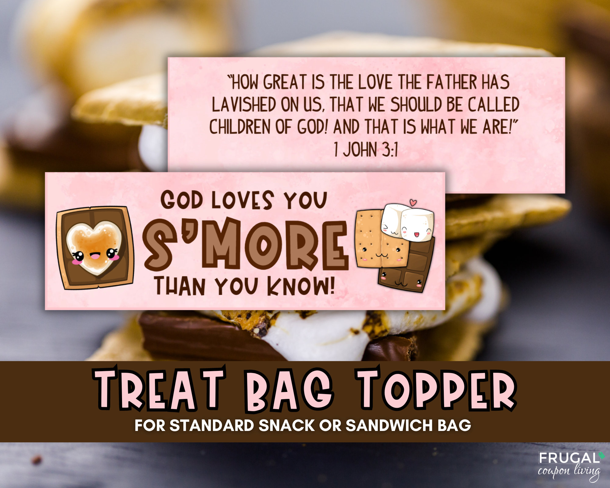 Etiqueta de presente cristã para impressão, topo de saco de S'mores | Topo de saco cristão, saco de guloseimas S'mores, impressão para escola dominical, impressão para igreja para crianças