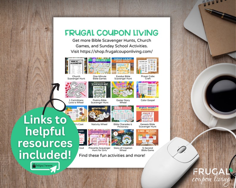 May include: A digital download of printable Bible scavenger hunts, games, and activities for church or Sunday school. The image shows a variety of colorful printable games with titles like "Church Scavenger Hunt", "One-Minute Bible Games", "Exodus Bible Scavenger Hunt", and "Easter Story Wheel".