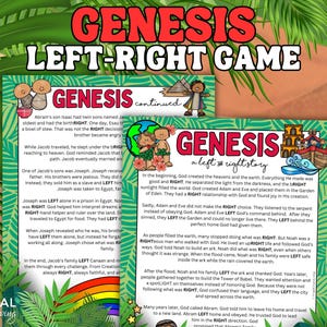 May include: Two printed activity sheets titled Genesis Left-Right Game and Genesis a left or right story. The pages feature black text on white backgrounds with colorful cartoon illustrations of biblical figures, an ark, and a rainbow, framed by green palm leaves.