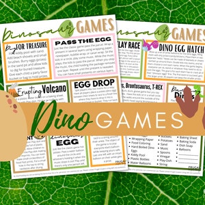 Stampabili di giochi per feste con dinosauri / 11 divertenti giochi per feste di compleanno / Attività con dinosauri per bambini con istruzioni e lista di controllo per le forniture per feste