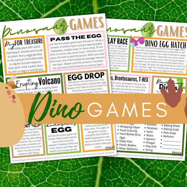 Dinosaur Party Game Printables  |  11 Fun Birthday Party Games | Dinosaur Activities for Kids with Instructions & Party Supply Checklist