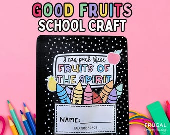 May include: A black notebook with white polka dots, featuring the text "Good Fruits School Craft." The cover includes the phrase "I can pack these Fruits of the Spirit" with crayon illustrations and a space for a name. A pink background.