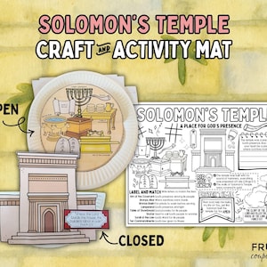 May include: A craft and activity mat titled "Solomon's Temple." The mat includes a paper plate with illustrations of religious artifacts, a cut-out temple, and a coloring page with text and drawings. The words "Open" and "Closed" are indicated.