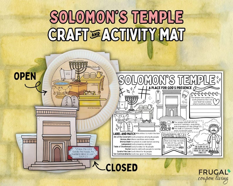 May include: A craft and activity mat titled "Solomon's Temple." The mat includes a paper plate with illustrations of religious artifacts, a cut-out temple, and a coloring page with text and drawings. The words "Open" and "Closed" are indicated.