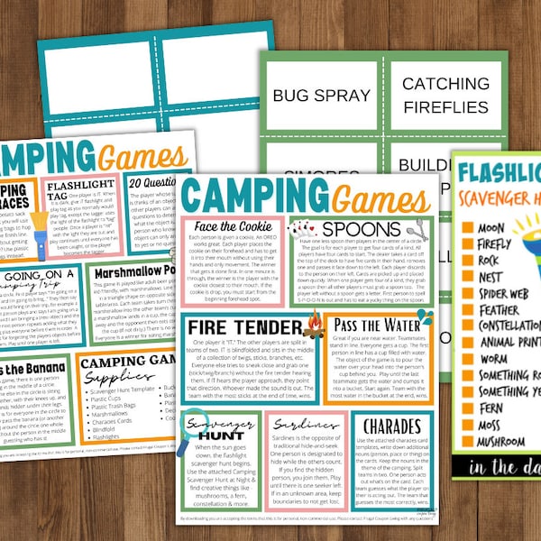 Camping Spiele Druckbare Wegbeschreibung & Zubehörliste | 18 lustige Outdoor-Spiele für Camping für die Familie | Glamping Printables Digitaler Download