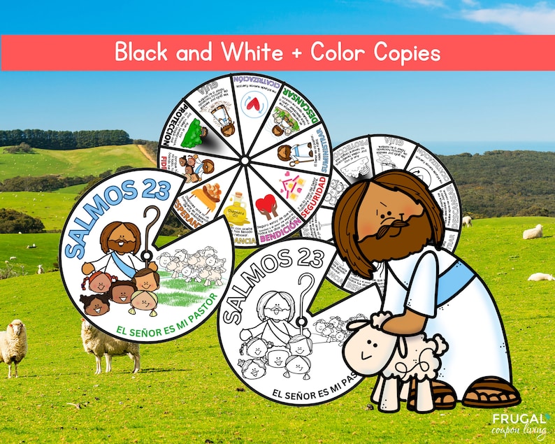 May include: Black and white printable wheel with the text "Salmos 23" and the phrase "El Se&ntilde;or es mi Pastor" in Spanish. The wheel has 12 sections with different words and images related to Psalm 23. There is a color version of the wheel with a shepherd holding a lamb.