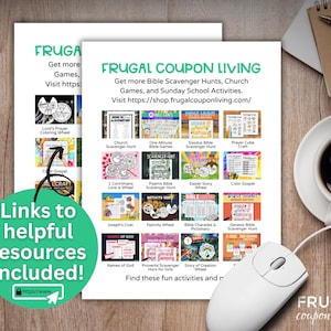 May include: A printable resource guide with links to free Bible scavenger hunts, church games, and Sunday school activities. The guide features a colourful grid of images representing different activities, such as a prayer cube craft, a nativity wheel, and a story of creation wheel.