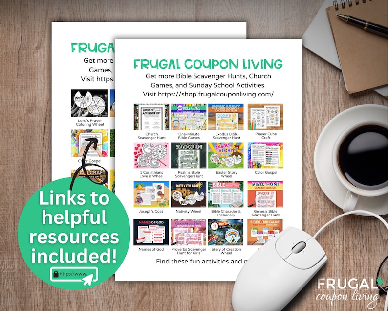 May include: A printable resource guide with links to free Bible scavenger hunts, church games, and Sunday school activities. The guide features a colourful grid of images representing different activities, such as a prayer cube craft, a nativity wheel, and a story of creation wheel.
