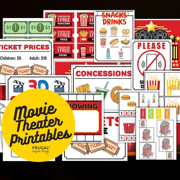 Cute Movie Theater Printables | Movie Theater Sign & Pretend Play Set | Kids Movie Dramatic Play Digital Download for Sleepover, Party, Etc
