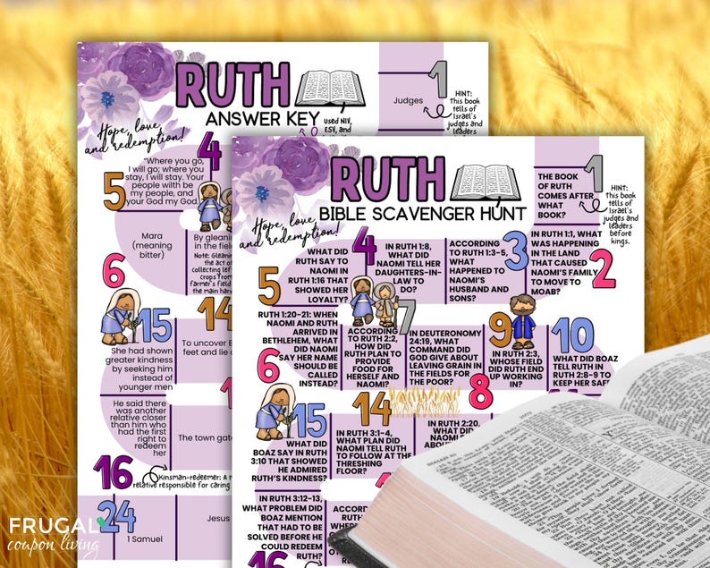 May include: Two colorful Bible study guides with the title "Ruth" and a Bible open in the foreground. The guides feature text, illustrations, and questions for a scavenger hunt, with purple floral accents.