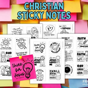 Op de afbeelding: Een verzameling christelijke memoblaadjes met diverse inspirerende boodschappen en illustraties. De notities bevatten zinnen als 'Schijn voor Jezus' en 'Jezus houdt van mij', samen met gerelateerde afbeeldingen. De achtergrond is een prikbord bedekt met kleurrijke memoblaadjes.