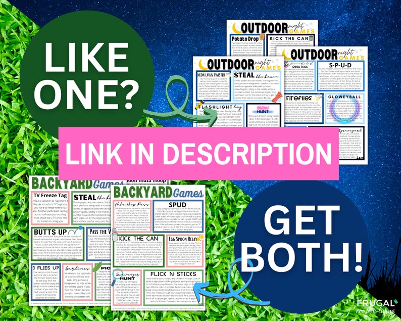 K&ouml;nnte beinhalten: Zwei druckbare Listen mit Outdoor-Spielen f&uuml;r Kinder. Die erste Liste tr&auml;gt den Titel "Backyard Games" und beinhaltet Spiele wie "TV Freeze Tag", "Steal the Bacon" und "Kick the Can". Die zweite Liste tr&auml;gt den Titel "Outdoor Night Games" und beinhaltet Spiele wie "Potato Drop", "Steal the Bacon" und "Fireflies".