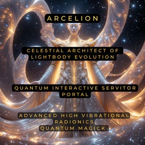 May include: A digital art image of a woman in a flowing white gown with a golden design. The image has the text "ARCELION", "CELESTIAL ARCHITECT OF LIGHTBODY EVOLUTION", "QUANTUM INTERACTIVE SERVITOR PORTAL", "ADVANCED HIGH VIBRATIONAL RADIONICS", and "QUANTUM MAGICK".