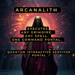 Può includere: Immagine con il testo "ARCANALITH" in alto. Sotto, si legge "EXECUTES ANY GRIMOIRE. ANY SPELL. ONE COMMAND PORTAL. QUANTUM INTERACTIVE SERVITOR PORTAL." Una figura in una veste rossa davanti a uno sfondo luminoso.