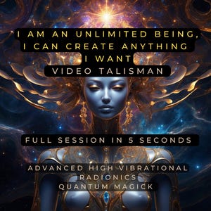 Peut inclure: Une image numérique d'une femme à la peau bleue et aux bijoux dorés. L'arrière-plan est bleu foncé avec des étoiles et des galaxies. Le texte "I AM AN UNLIMITED BEING, I CAN CREATE ANYTHING I WANT VIDEO TALISMAN FULL SESSION IN 5 SECONDS ADVANCED HIGH VIBRATIONAL RADIONICS QUANTUM MAGICK" est affiché sur l'image.