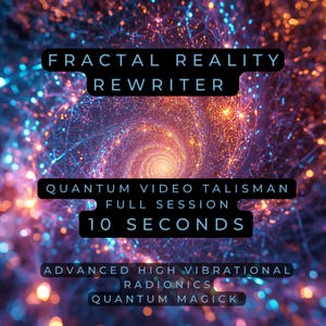 May include: An abstract digital art piece with a swirling vortex of light and color. The image features text that reads "Fractal Reality Rewriter," "Quantum Video Talisman Full Session 10 Seconds," and "Advanced High Vibrational Radionics Quantum Magick."