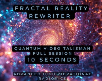 May include: An abstract digital art piece with a swirling vortex of light and color. The image features text that reads "Fractal Reality Rewriter," "Quantum Video Talisman Full Session 10 Seconds," and "Advanced High Vibrational Radionics Quantum Magick."