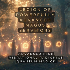 Könnte beinhalten: Ein digitales Kunstwerk, das eine Gruppe von Figuren in Kapuzenmänteln zeigt, die in einem Wald stehen. Die Figuren sind von leuchtenden Lichtkugeln umgeben. Der Text "Legion of Powerfully Advanced Magus Servitors" befindet sich oben im Bild. Der Text "Advanced High Vibrational Radionics Quantum Magick" befindet sich unten im Bild.