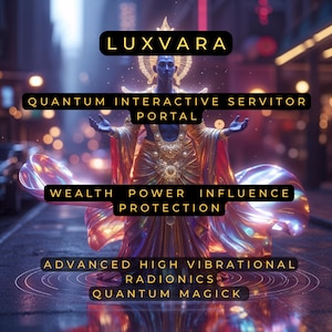 May include: A digital illustration of a person in a gold and red robe with a blue face. The image is set against a city background with glowing lights. The text "LUXVARA" is at the top of the image. The text "QUANTUM INTERACTIVE SERVITOR PORTAL" is below the person's head. The text "WEALTH POWER INFLUENCE PROTECTION" is below the person's waist. The text "ADVANCED HIGH VIBRATIONAL RADIONICS QUANTUM MAGICK" is at the bottom of the image.