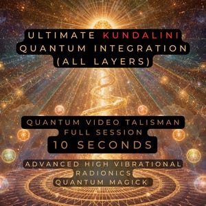Op de afbeelding: Een digitale afbeelding met een gouden, kosmische achtergrond. Tekst overlays lezen: "ULTIMATE KUNDALINI QUANTUM INTEGRATION (ALL LAYERS)", "QUANTUM VIDEO TALISMAN FULL SESSION 10 SECONDS" en "ADVANCED HIGH VIBRATIONAL RADIONICS QUANTUM MAGICK".