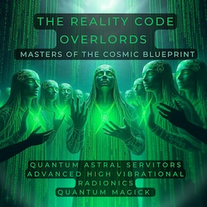 Könnte beinhalten: Ein digitales Kunstwerk, das eine Gruppe von Frauen mit grüner Haut und langen, fließenden Haaren zeigt. Sie stehen in einer Reihe, die Hände in einer Segensgeste erhoben. Der Hintergrund ist eine grüne Matrix aus Code. Der Text "THE REALITY CODE OVERLORDS MASTERS OF THE COSMIC BLUEPRINT QUANTUM ASTRAL SERVITORS ADVANCED HIGH VIBRATIONAL RADIONICS QUANTUM MAGICK" ist in weißen Buchstaben auf dem Bild geschrieben.