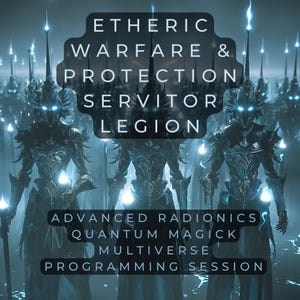 May include: An image featuring a group of armored figures with glowing blue eyes and accents, set against a dark, ethereal background. Text overlay reads "ETHERIC WARFARE & PROTECTION SERVITOR LEGION" and "ADVANCED RADIONICS QUANTUM MAGICK MULTIVERSE PROGRAMMING SESSION."