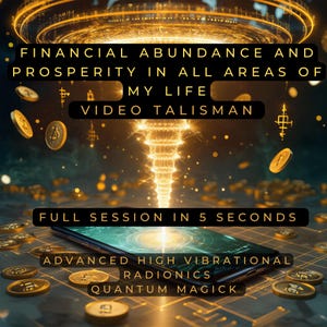 May include: A digital image of a swirling vortex of light with coins scattered around it. The text "FINANCIAL ABUNDANCE AND PROSPERITY IN ALL AREAS OF MY LIFE VIDEO TALISMAN" is at the top of the image. The text "FULL SESSION IN 5 SECONDS" is in the middle of the image. The text "ADVANCED HIGH VIBRATIONAL RADIONICS QUANTUM MAGICK" is at the bottom of the image.