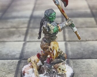 Hand Painted Female Orc Warrior Miniature: Raging Greataxe, Snowy Base