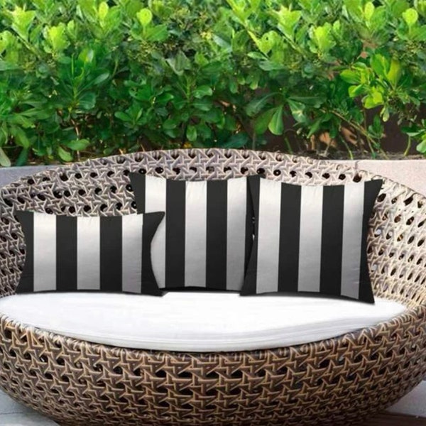 Outdoor / Indoor Waterproof Patio Garden Rectangular Black and White Striped Cushion & Inner Pad incl