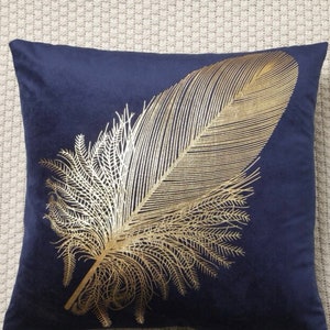 Blue Velvety Cushion with Gold Metallic Feather & Inner Pad incl