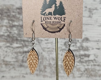 Small Contemporary Feather Dangle Earrings, Lightweight Wood Earrings, Boho, Unique, Gift for Her