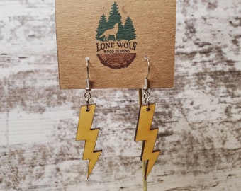 Yellow Heart Lightning Bolt Dangle Earrings, Lightweight Wood Earrings, Contemporary, Punk, Unique, Gift for Her
