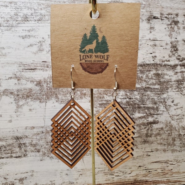 Overlapping Squares Dangle Earrings, Lightweight Wood Earrings, Mosaic Design, Boho, Unique, Gift for Her