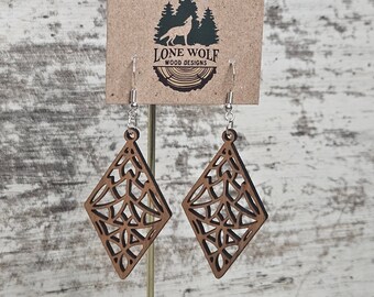 Mosaic Diamond Dangle Earrings, Lightweight Wood Earrings, Stained Glass Design, Boho, Unique, Gift for Her