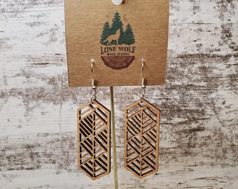 Geometric Rectangle Dangle Earrings, Lightweight Wood Earrings, Mosaic Design, Boho, Unique, Gift for Her