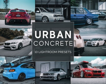 Könnte beinhalten: Eine Collage aus Fotos mit verschiedenen Autos in städtischen Umgebungen. Die Fotos werden verwendet, um einen Satz von 10 Lightroom-Presets namens "Urban Concrete" zu bewerben.