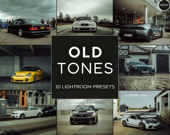 May include: A collage of 10 Lightroom presets for editing photos, featuring various cars in different settings. The presets are called "Old Tones" and are designed to give photos a vintage look.