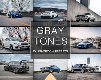 May include: A collage of images featuring various cars in different settings. The cars are all in shades of gray, blue, and black. The text "GRAY TONES 10 LIGHTROOM PRESETS" is displayed in the center of the collage.