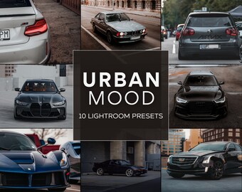 Könnte beinhalten: Eine Collage aus Bildern, die verschiedene Autos in städtischen Umgebungen zeigen. Die Autos sind alle schwarz oder dunkelgrau, mit schlanken Designs und sportlichen Merkmalen. Der Text "URBAN MOOD 10 LIGHTROOM PRESETS" wird in der Mitte der Collage angezeigt.