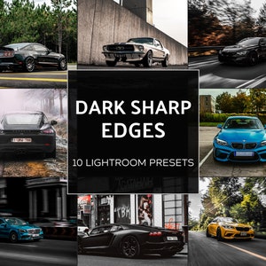 Könnte beinhalten: Eine Collage aus Bildern mit verschiedenen Autos, darunter ein schwarzer Porsche, ein blauer BMW, ein gelber BMW, ein schwarzer Lamborghini und ein silberner Ford Mustang. Der Text "DARK SHARP EDGES 10 LIGHTROOM PRESETS" wird in der Mitte der Collage angezeigt.